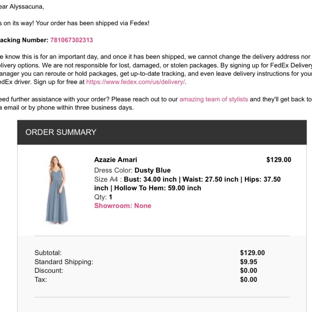 Azazie Amari dress in dusty blue, size 4